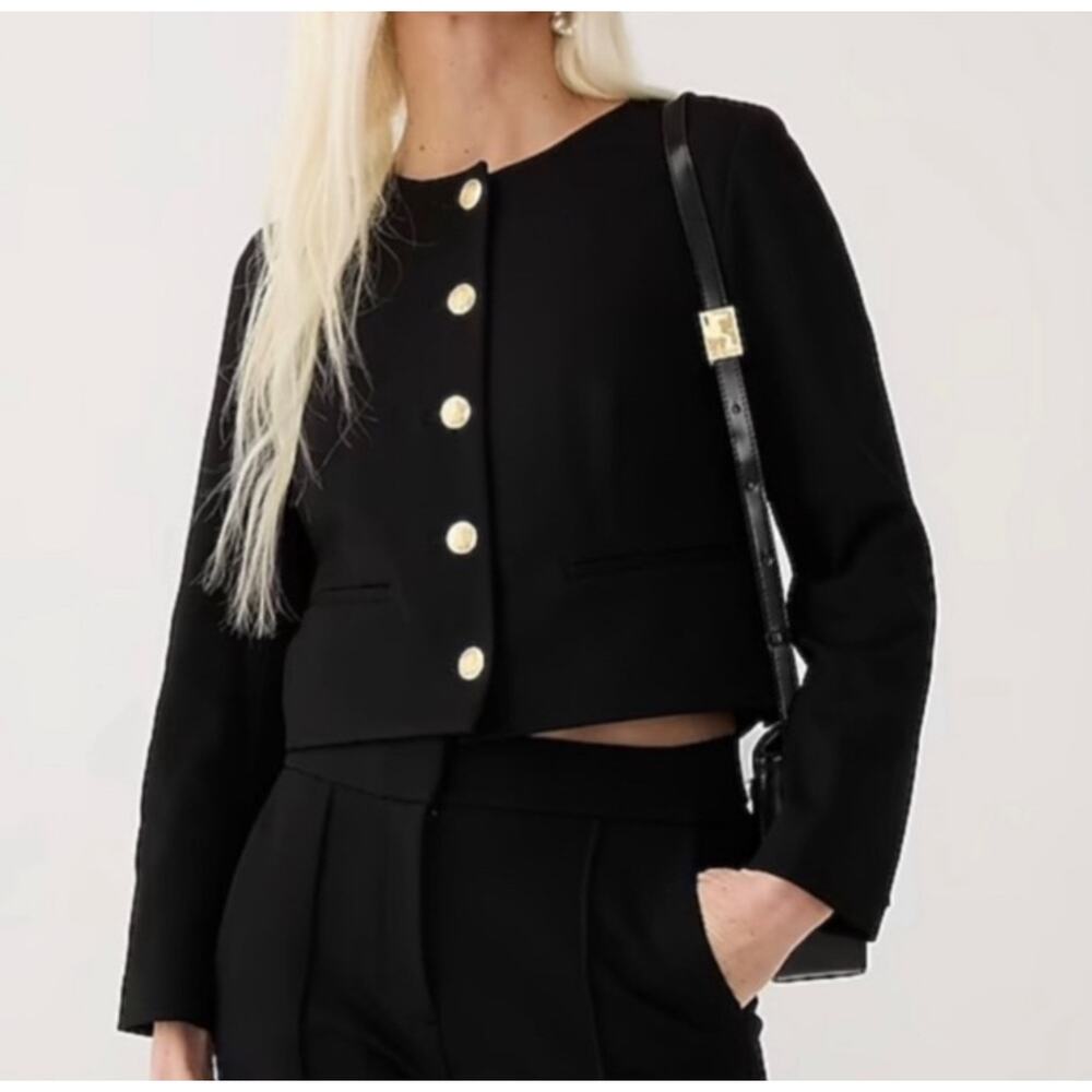 J. Crew Louisa Lady Jacket in Italian Ponte Gold Button Cropped Blazer Black
